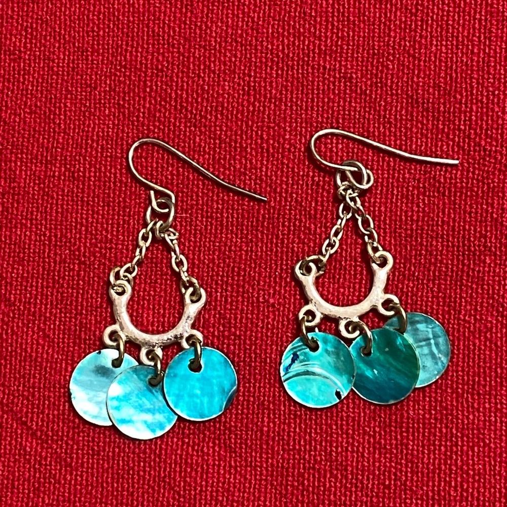 New Handmade dangle earrings blue green mother of pearl/abalone, hook closure